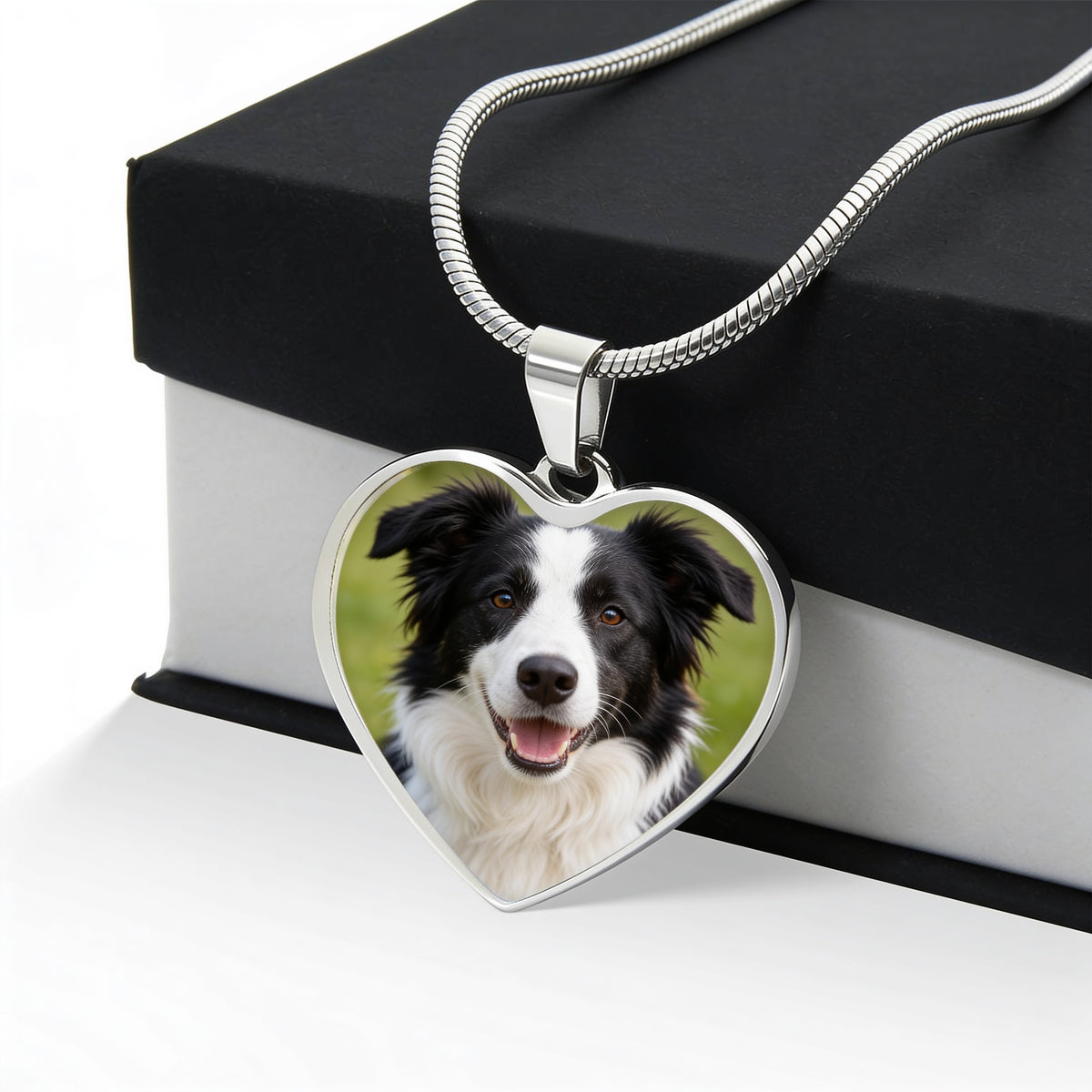 Collier pendentif cœur acier présenté sur son écrin, photo de chien