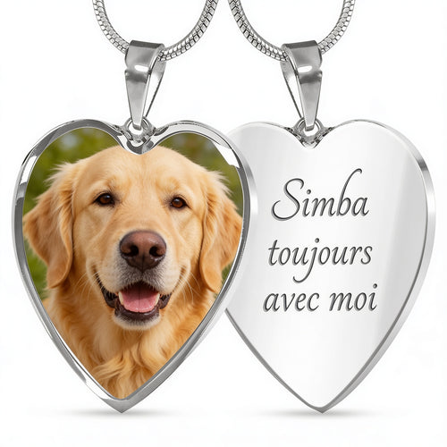 Pendentif cœur de face avec la photo du chien et de dos avec la gravure Simba, toujours avec moi