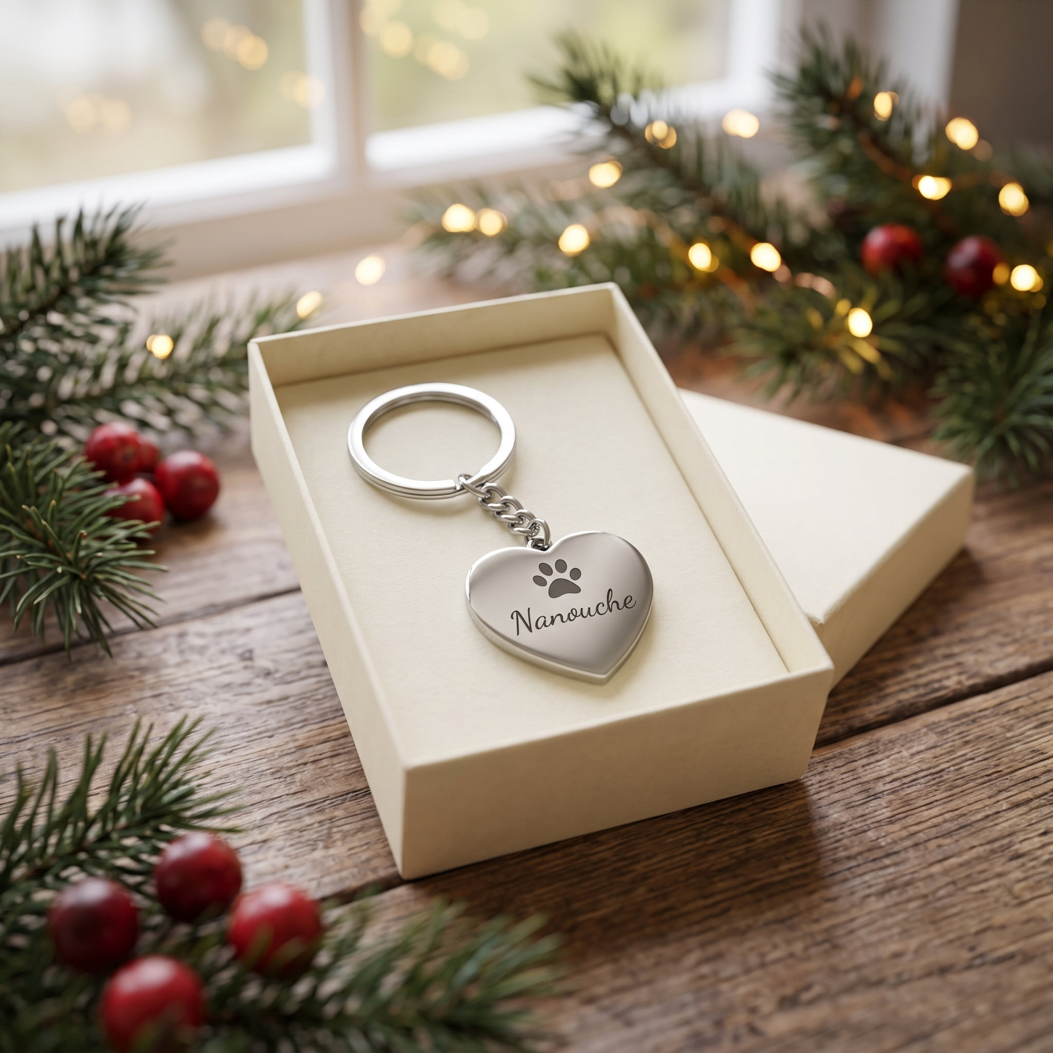 Porte-clés cœur gravé dans sa boîte cadeau, ambiance de Noël