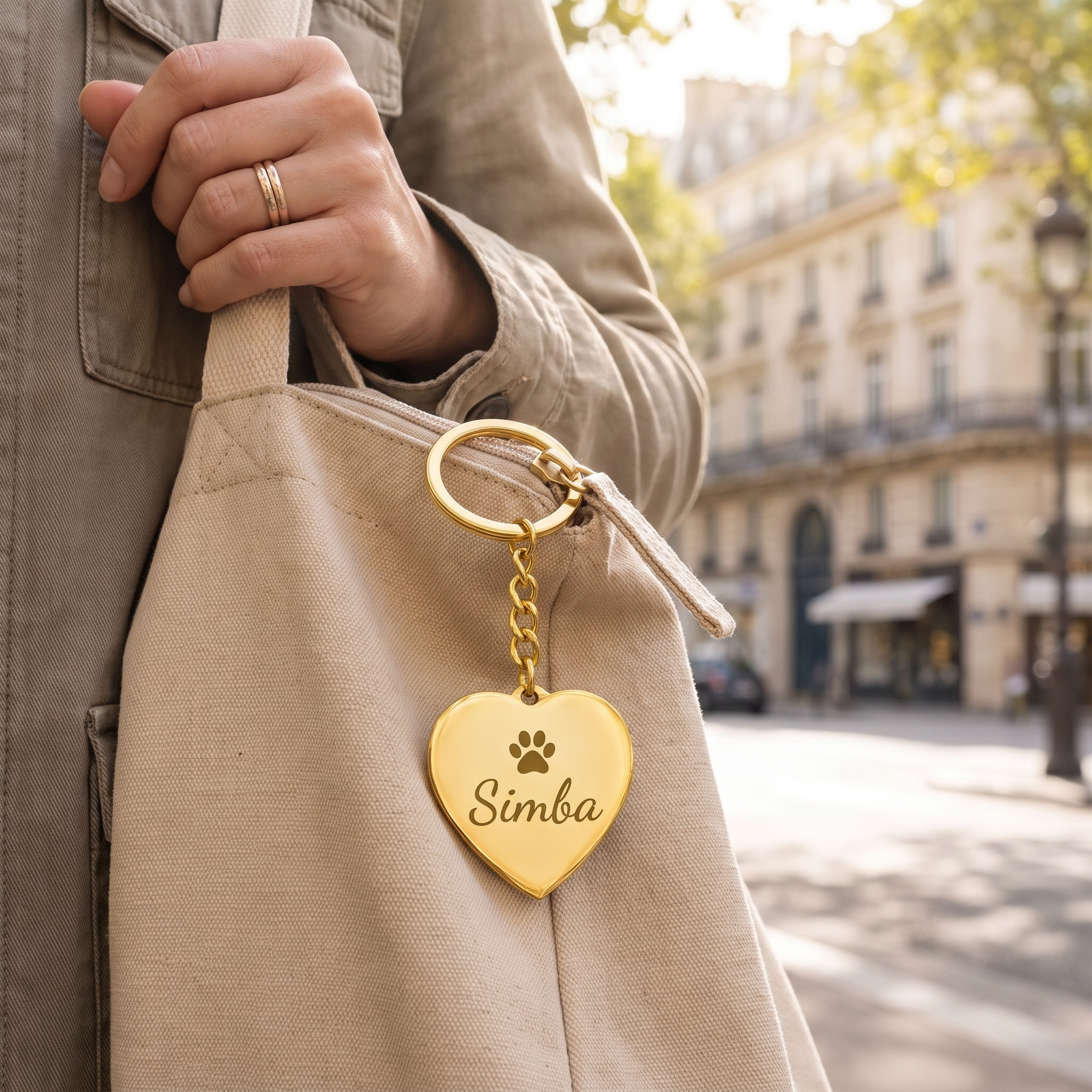 Porte-clés cœur finition or gravé Simba, accroché à un sac