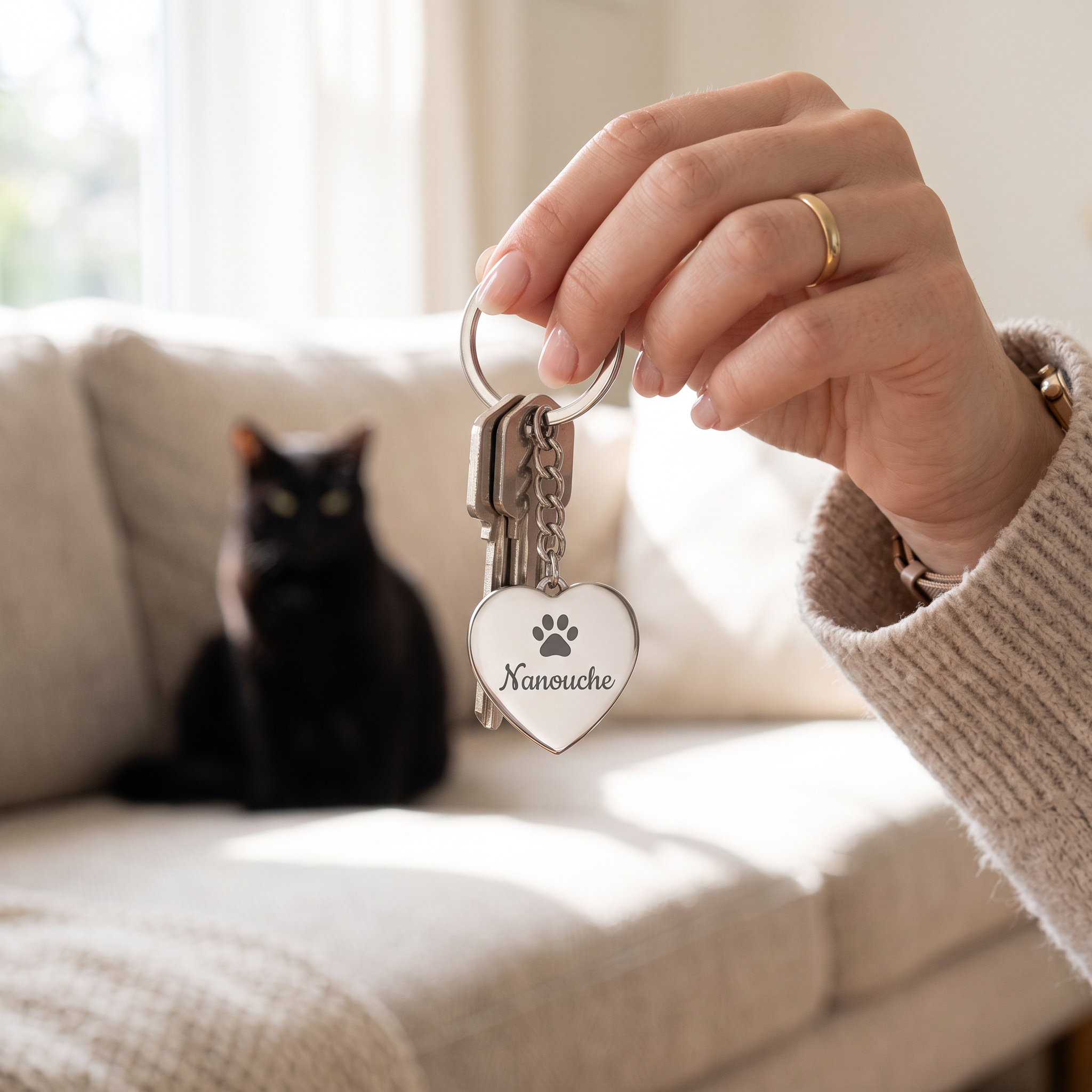 Porte-clés cœur gravé tenu en main, chat noir en arrière-plan
