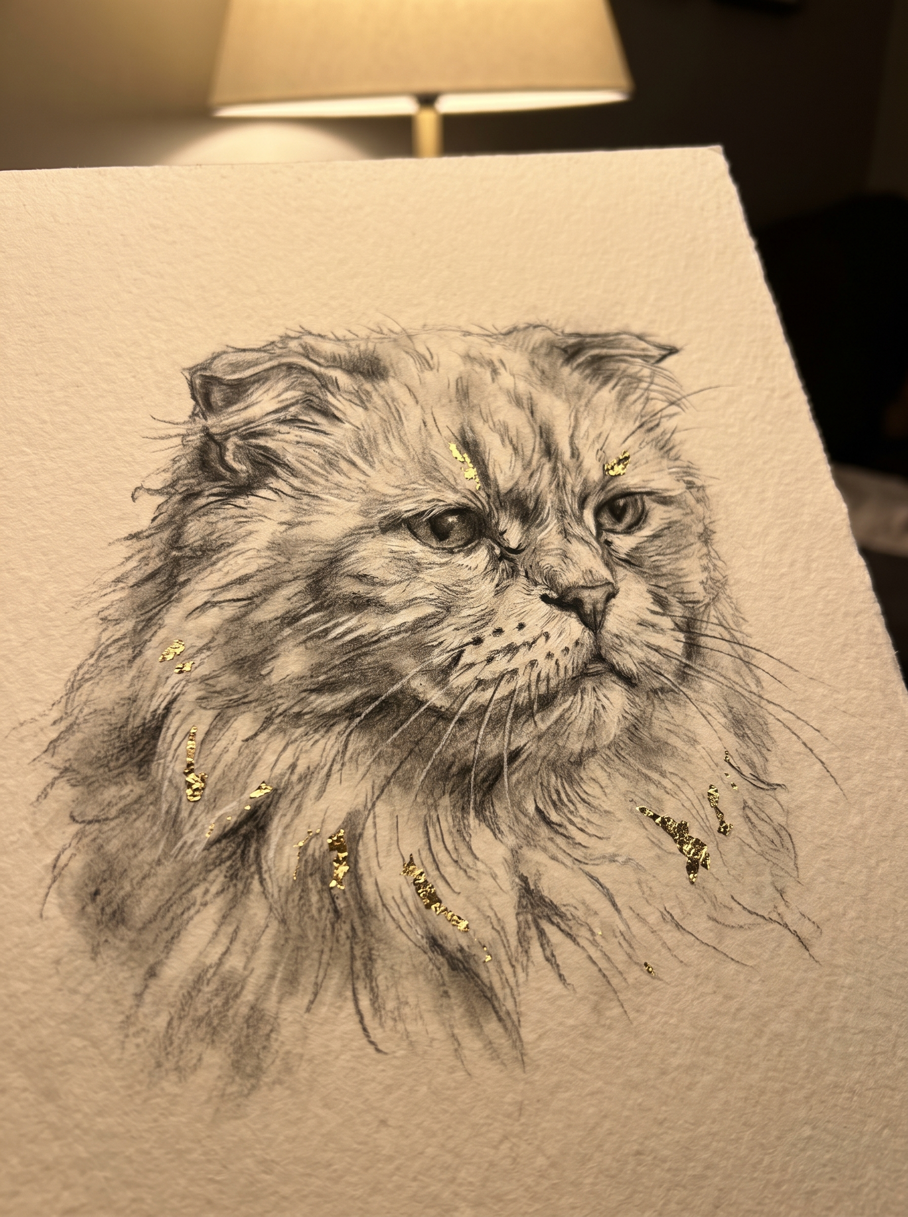 Portrait souvenir de chat age style Fusain dore