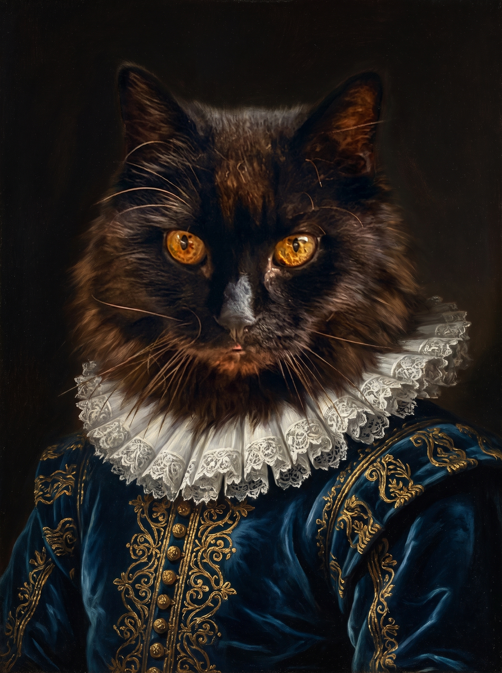 Portrait de Nanouche, chatte noire a poil long, style Grand Maitre