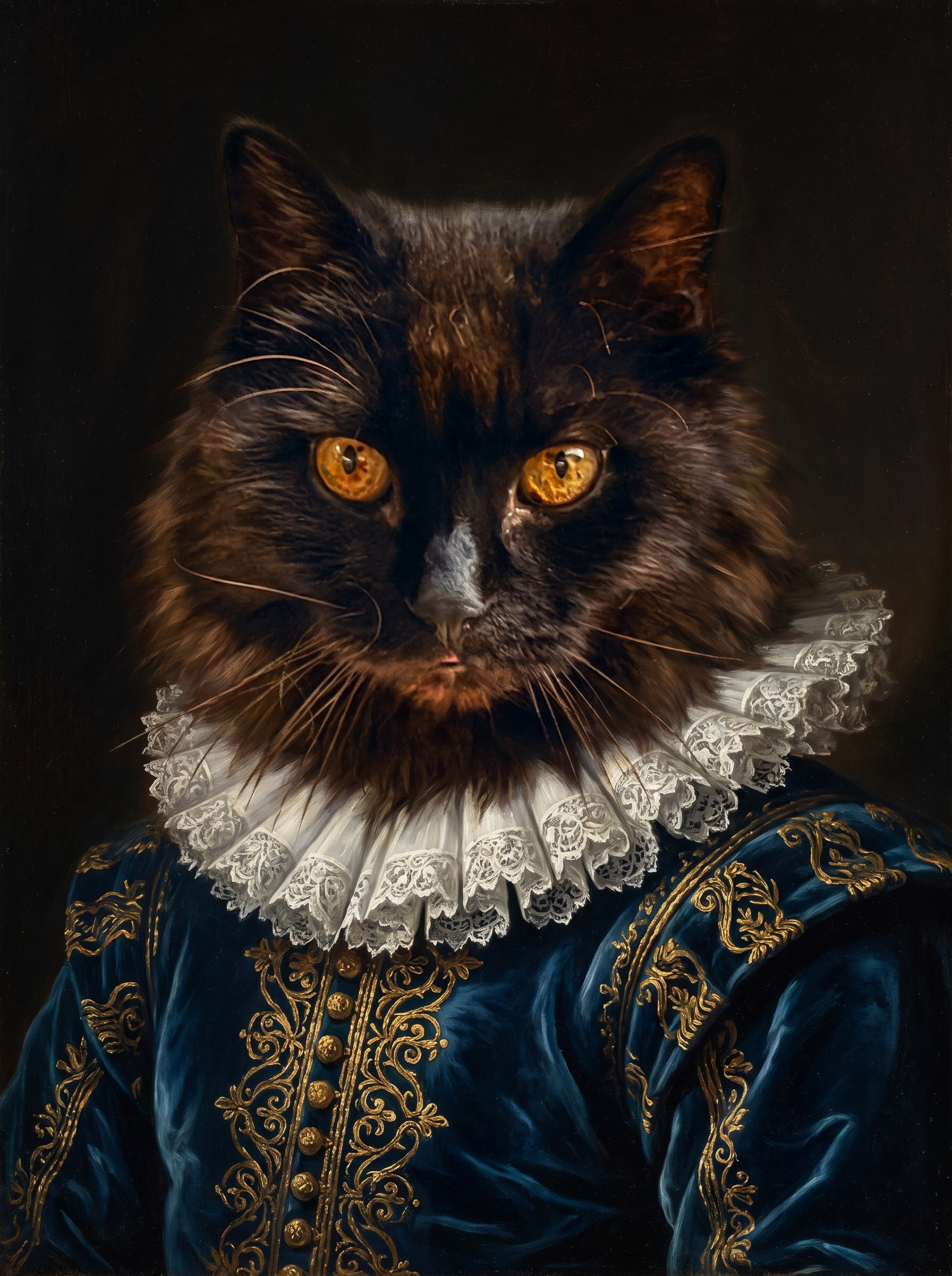 Portrait de Nanouche, chatte noire a poil long, style Grand Maitre