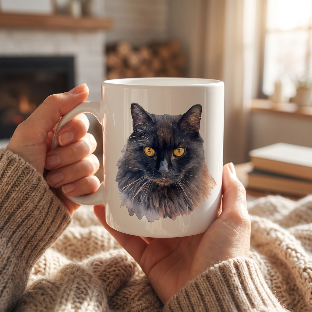 Mug personnalise tenu en main, portrait de chat style Aquarelle