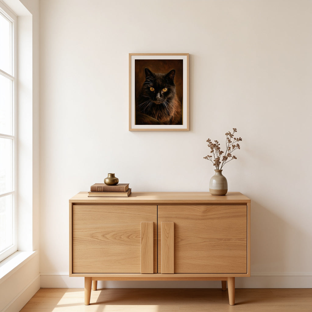 Portrait 30×40 encadré cadre bois chêne clair, accroché au mur