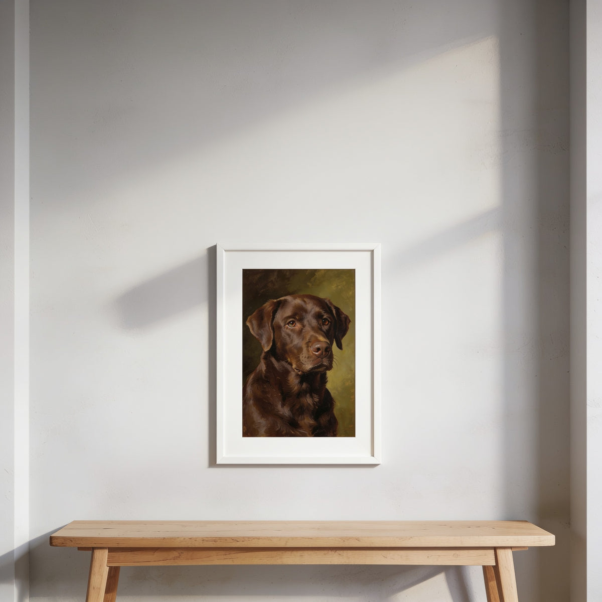Portrait 30×40 encadré cadre blanc, accroché au mur