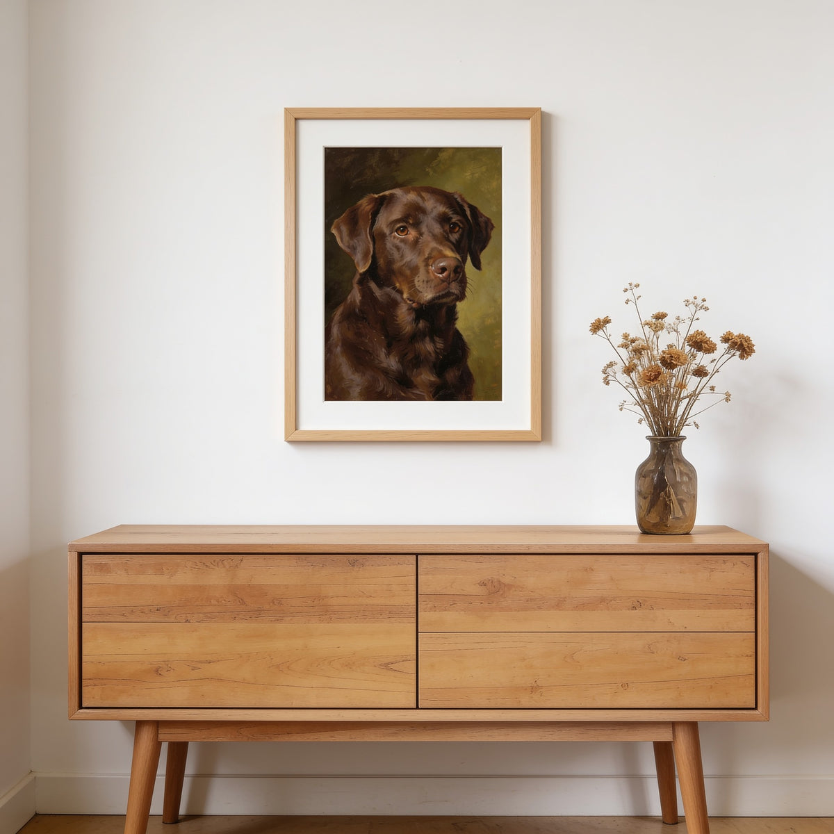 Portrait 30×40 encadré cadre bois chêne clair, accroché au mur