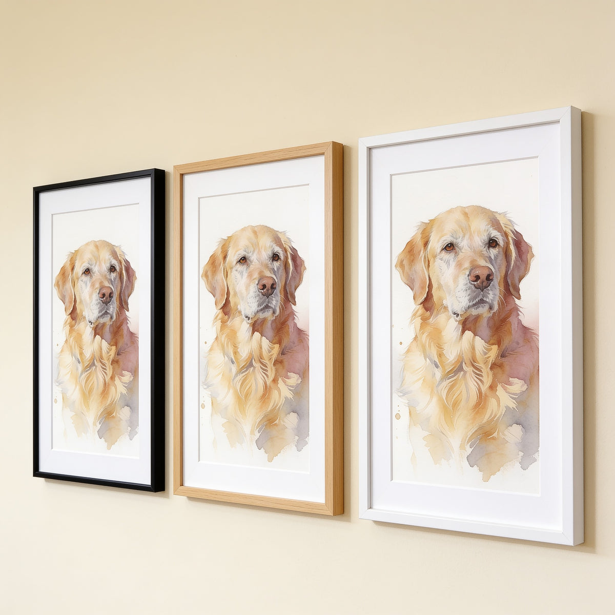 Trois cadres au choix, noir, bois ou blanc, avec le portrait souvenir
